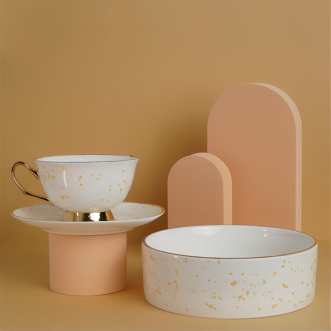 Gold Speckled Tea Cup & Dog Bowl